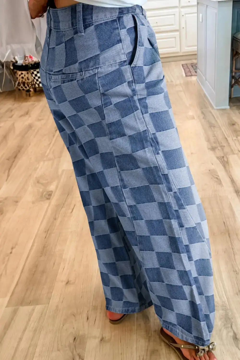 Plaid Relaxed Fit Wide Leg Pocketed Casual Jeans