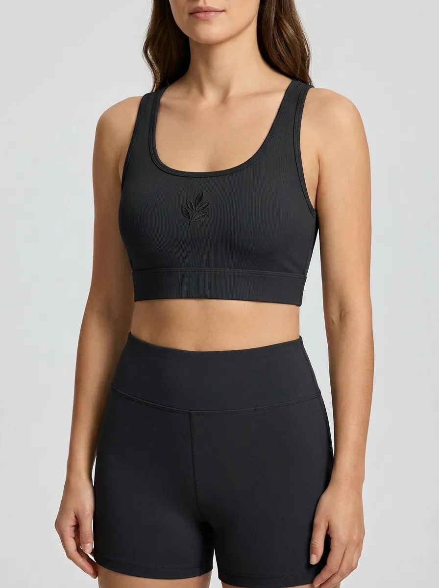 Women's Leaf-Embroidered Scoop-Neck Ribbed Sports Bra