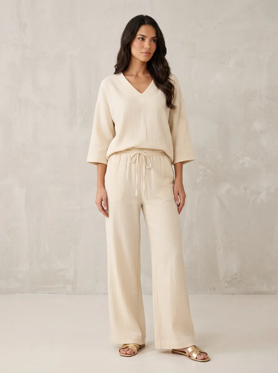 Women's Elbow-Sleeve V-Neck Top And Drawstring Wide-Leg Trouser Lounge Set