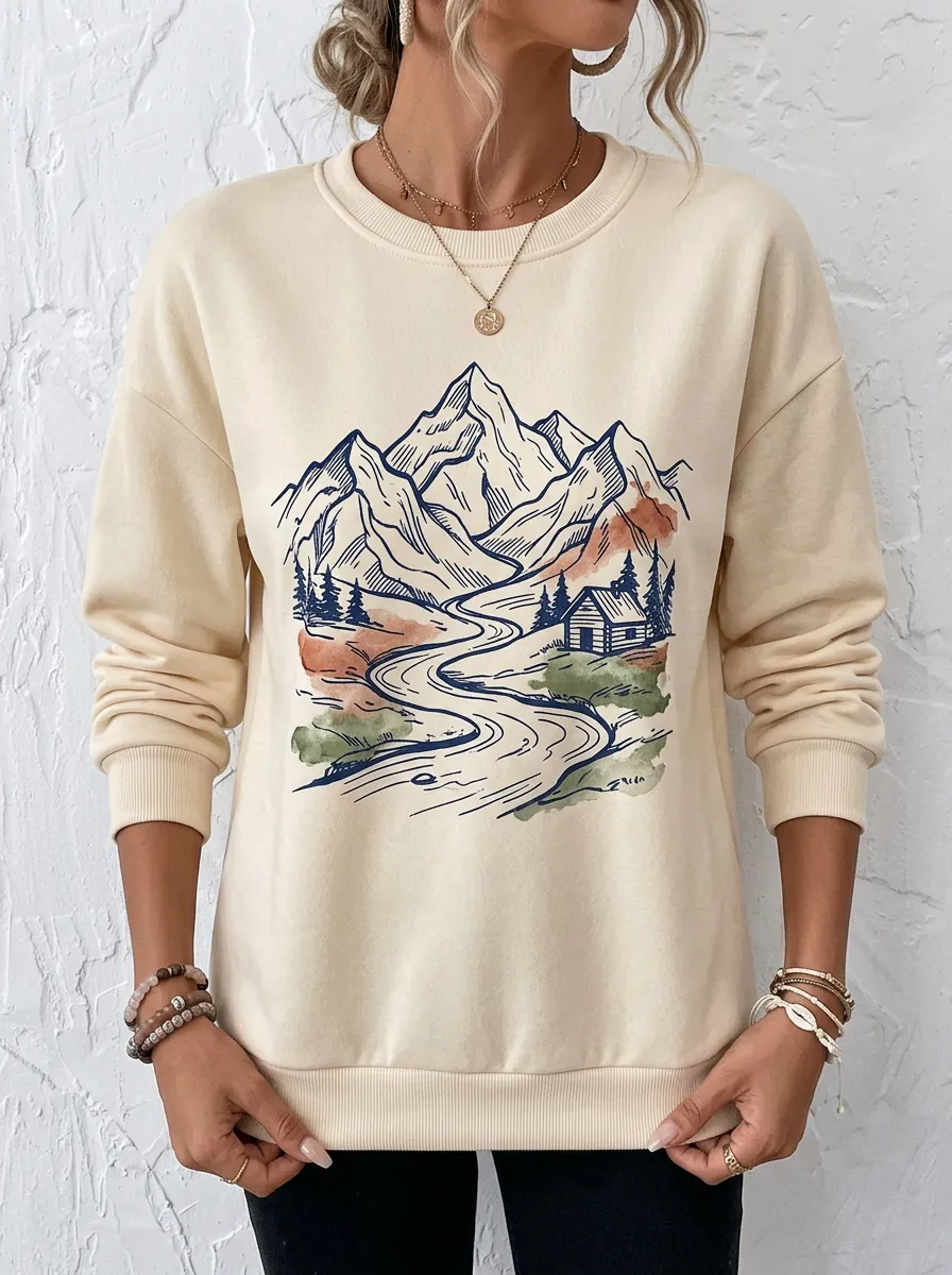 Women's Nature Lover Mountain Cabin River Printed Sweatshirt