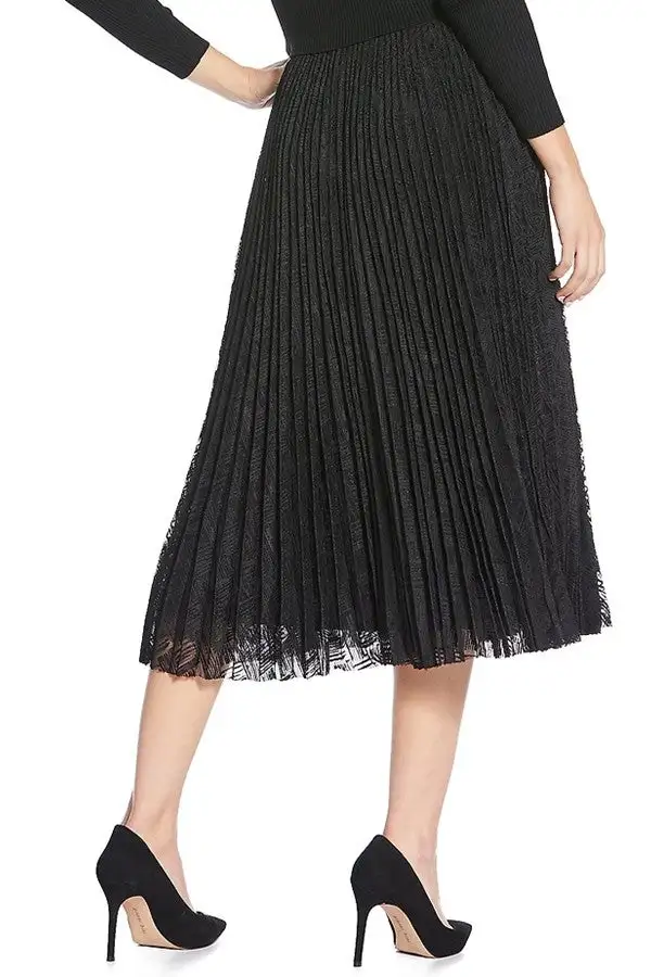 Women's Black Textured Pleated Midi Skirt