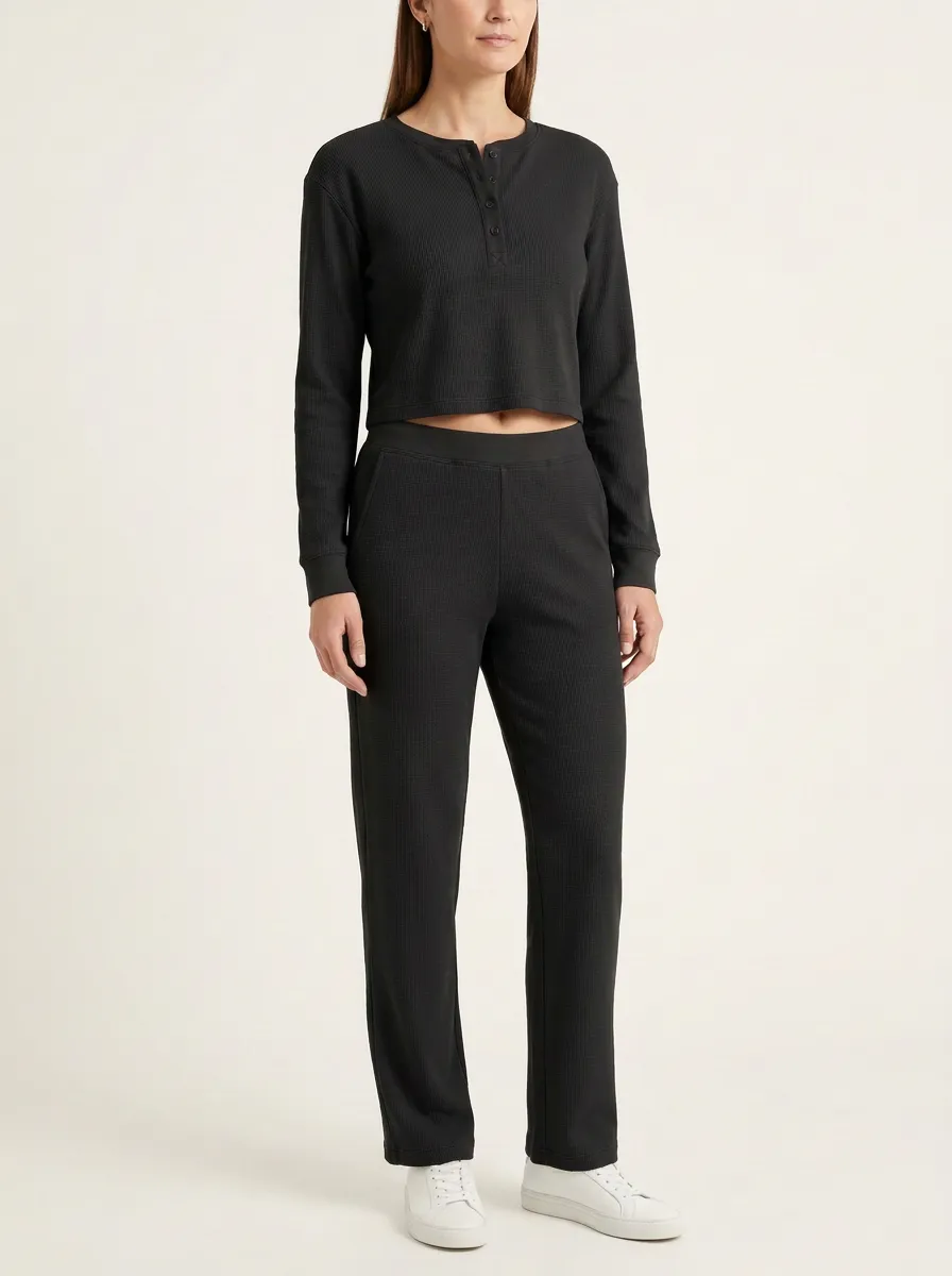 Women's Waffle-Knit Henley Boxy Crop Top and Straight-Leg Trouser Set