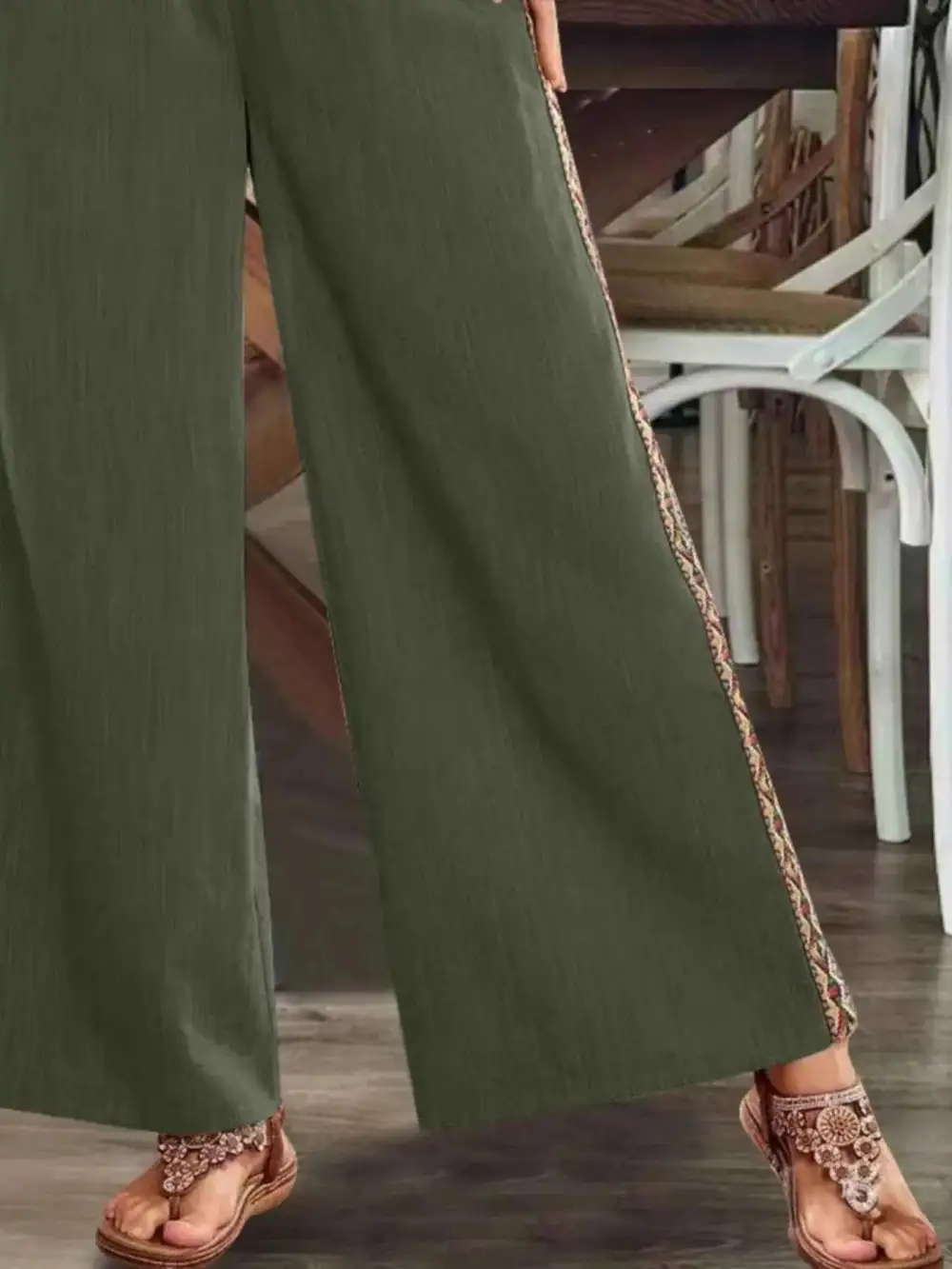 Bohemian Wide-Leg Embroidered Side Stripe Pants