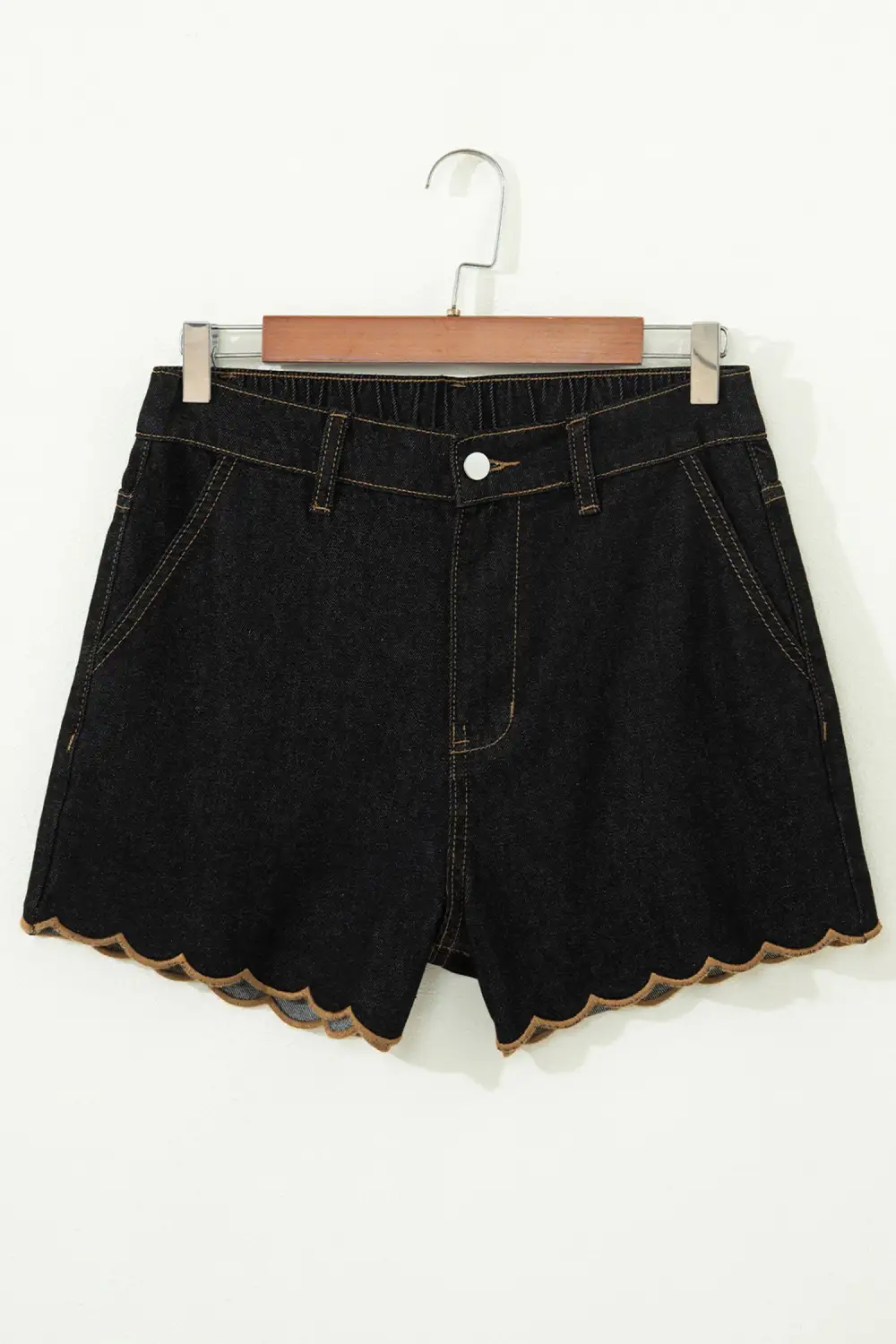 Embroidered High Waist Relaxed Fit Scalloped Denim Shorts