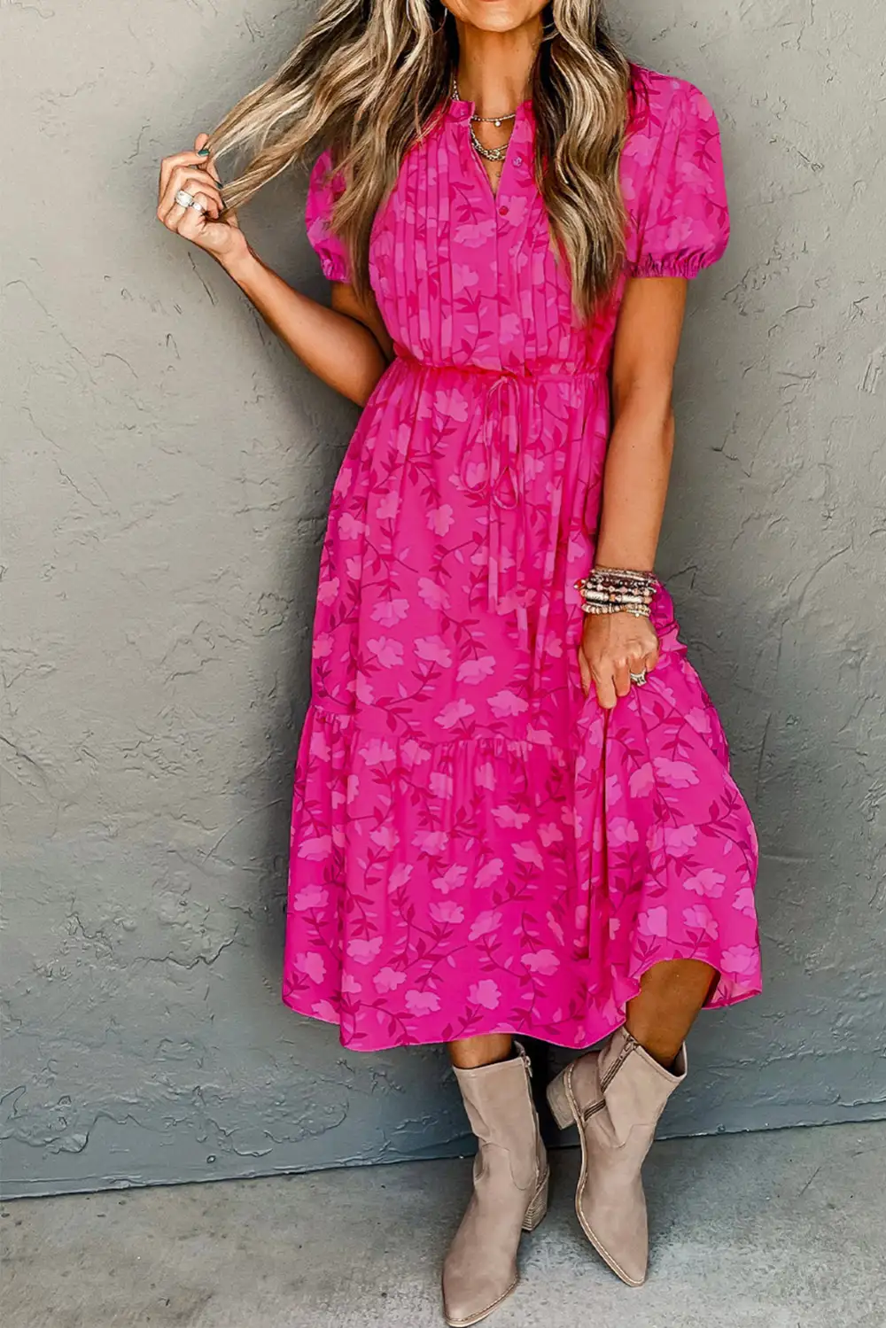 Floral Print Pleated Drawstring Waist Flowy Midi Dress