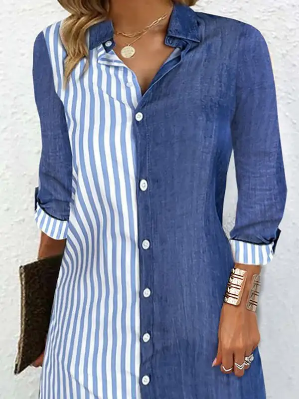 Long Sleeve Relaxed Asymmetric Split Joint Striped Lapel Mini Dress Shirt
