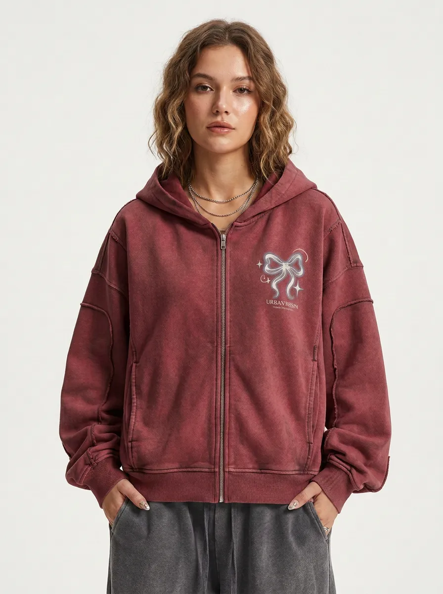 Women's Streetwear Aesthetic Bow Printed Washed Zip-up Hoodie