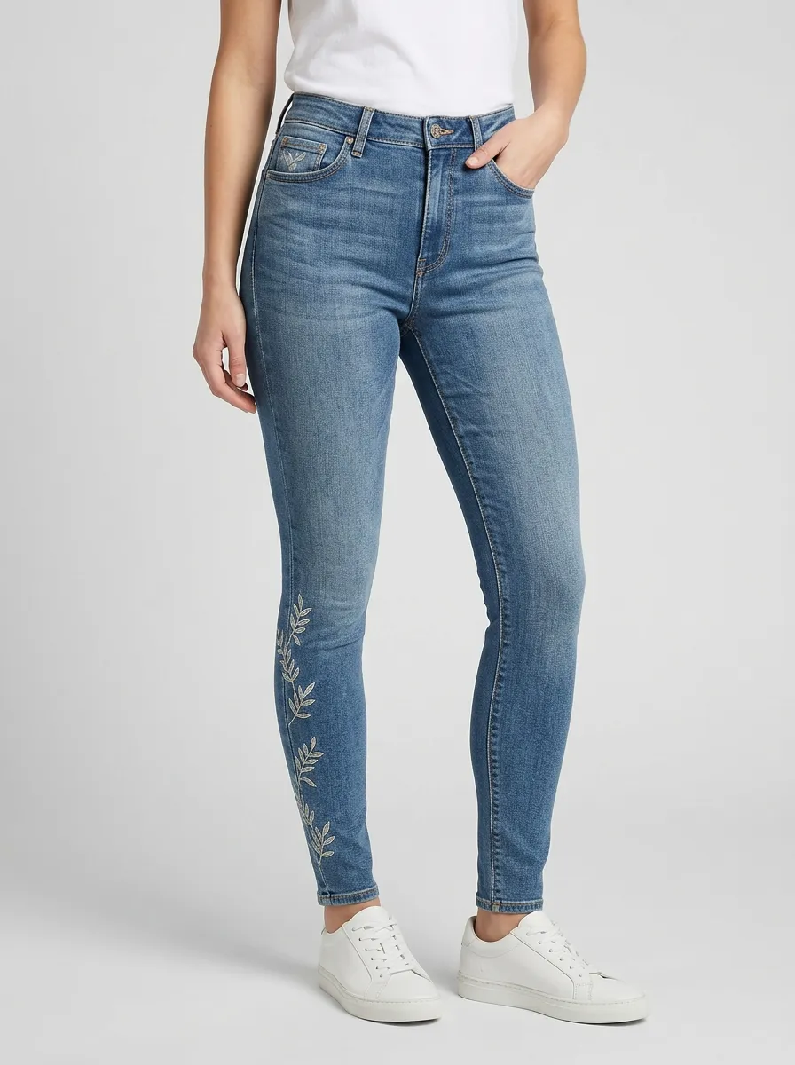 Women's Nature Botanical Leaf Embroidered Graphic Slim Jeans