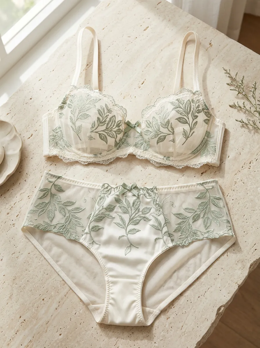 Women's Botanical Leaf Embroidery Sheer Lingerie Set