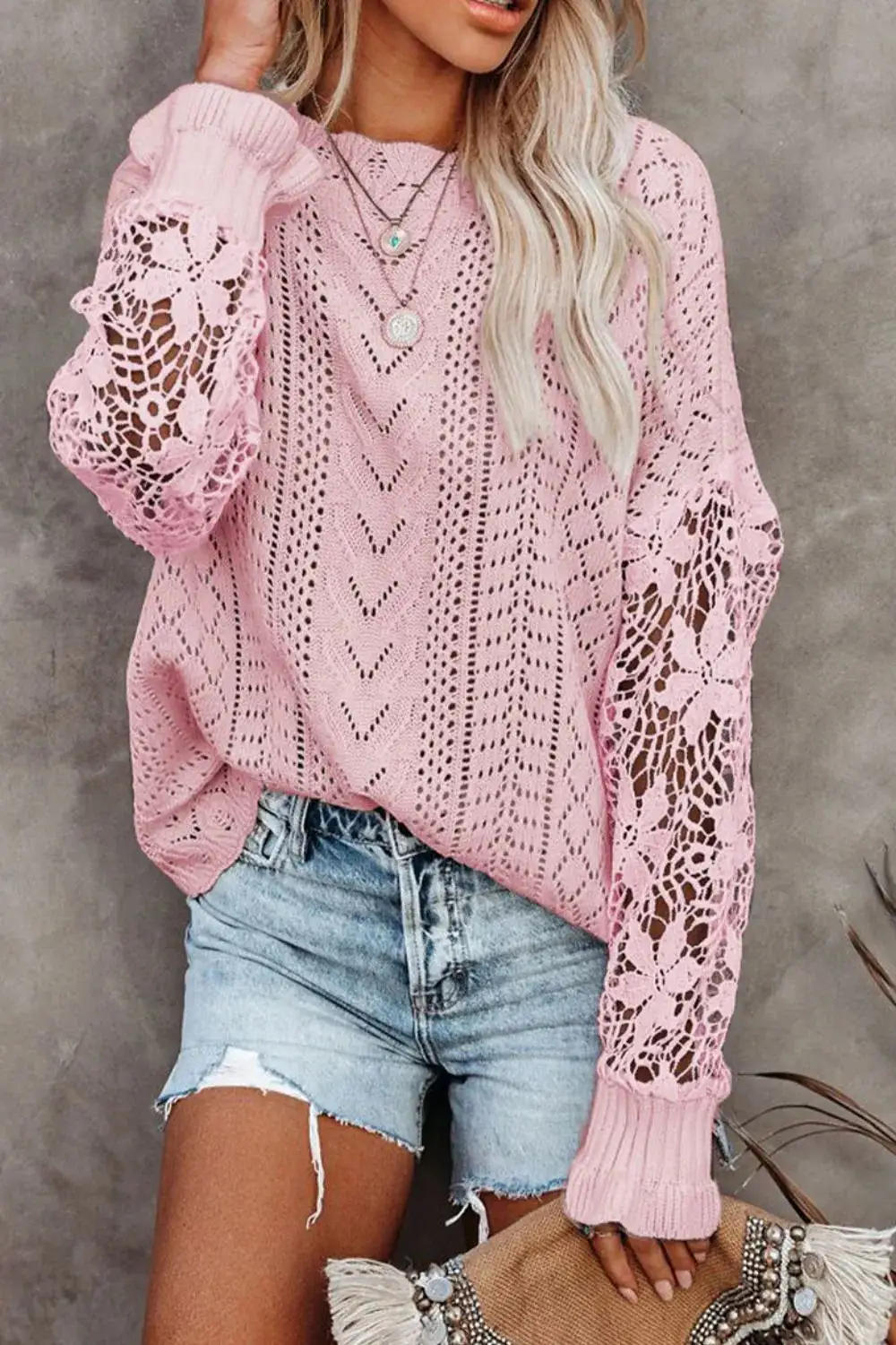 Long Sleeve Round Neck Openwork Sweater