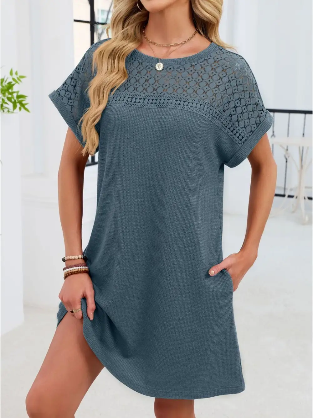 Lace Round Neck Short Sleeve Shirt Dress