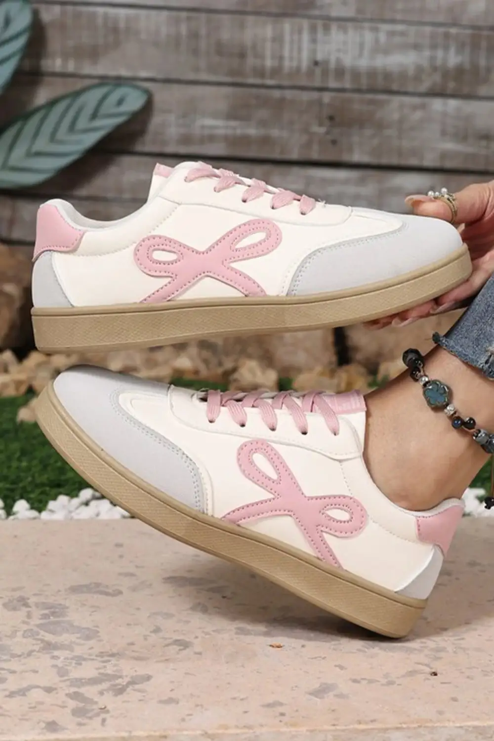 Bow Detail Leather Colorblock Casual Sneakers
