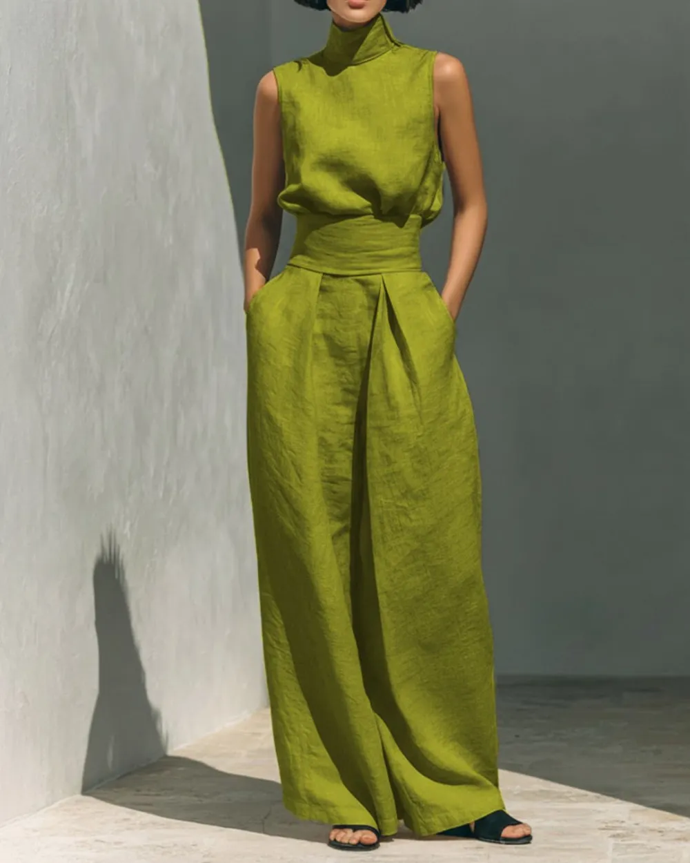 Sleeveless Top Wide Leg Pants Minimalist Two-Piece Outfit