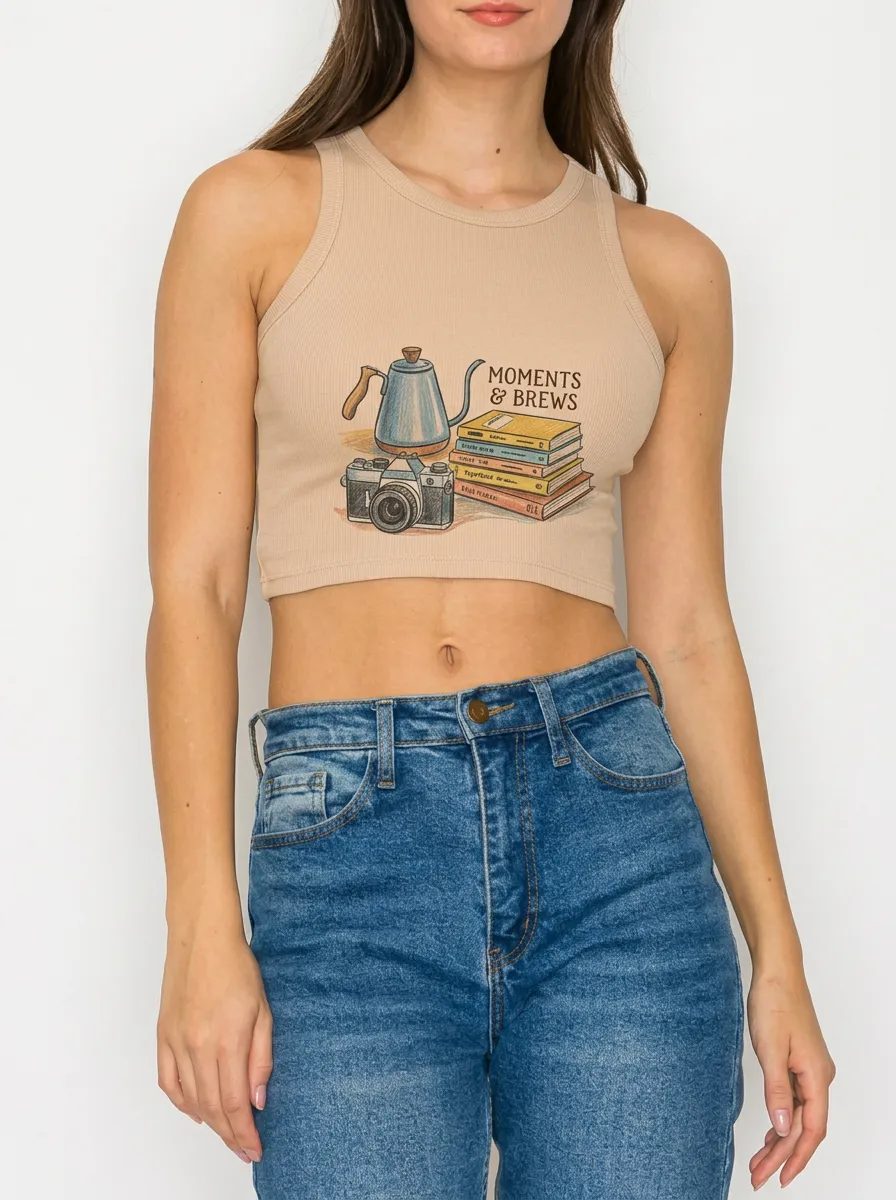 Women's Coffee Book Camera Lover Moments & Brews Graphic Ribbed Crop Tank Top