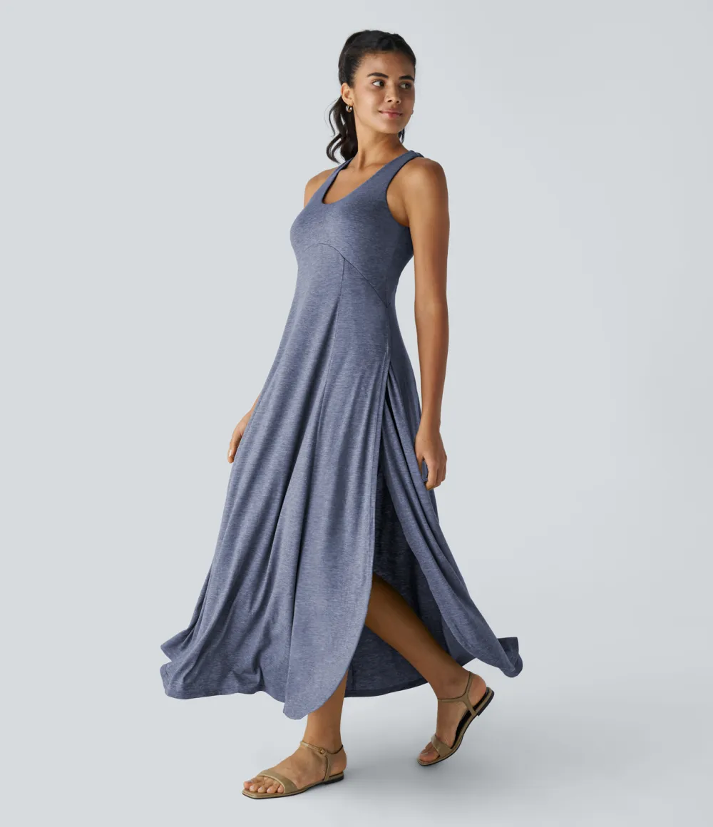 U Neck Backless Split Flowy Maxi Casual Tank Dress