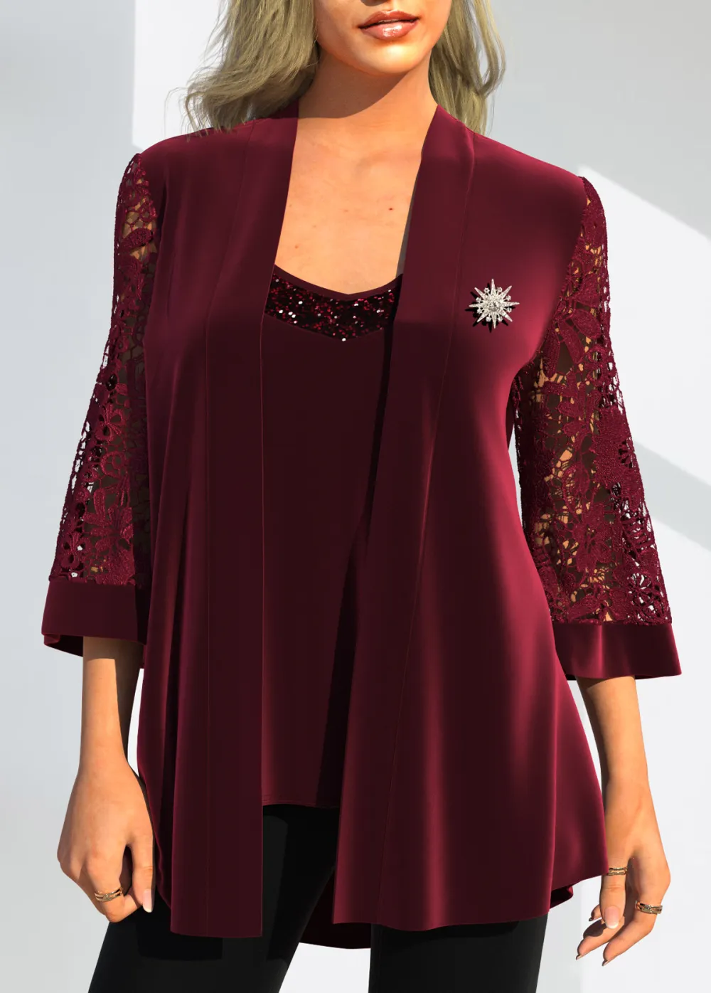 Red Lace Stitching 3/4 Sleeve Coat and Camisole Top