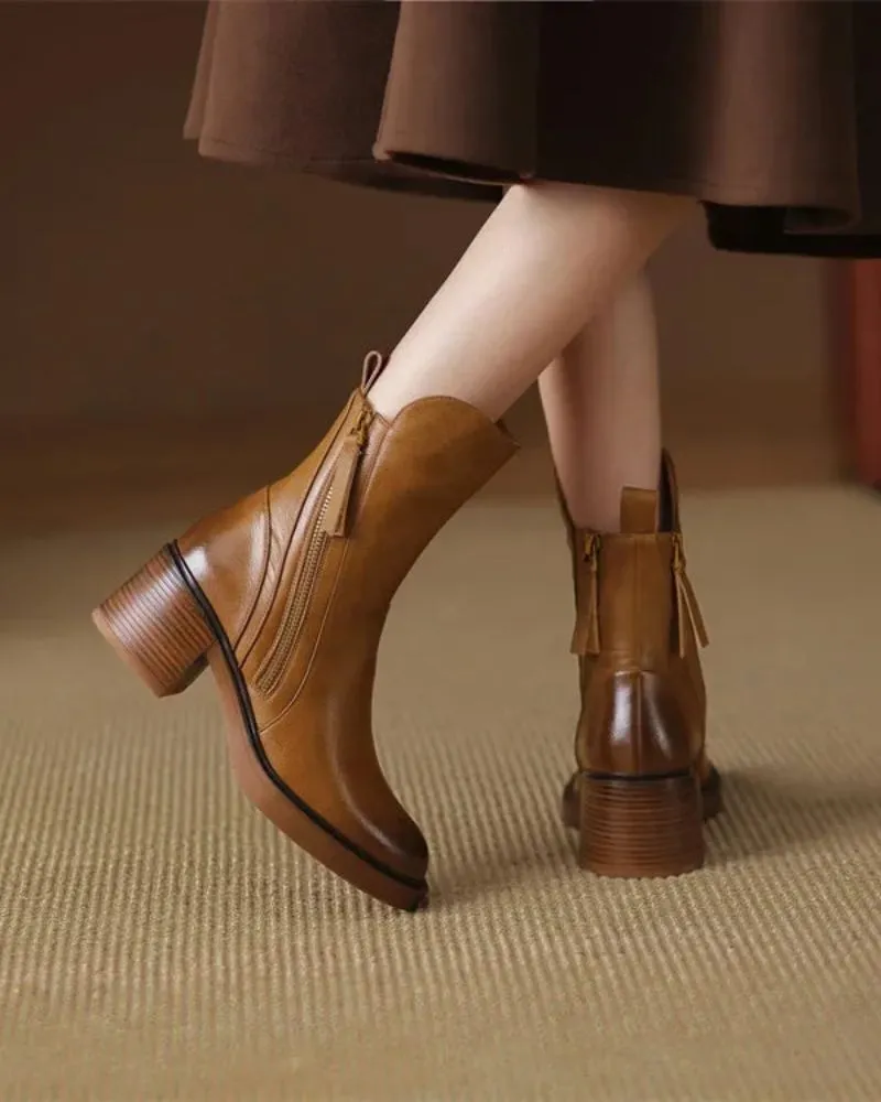Leather Ankle Boots Side Zip Block Heel