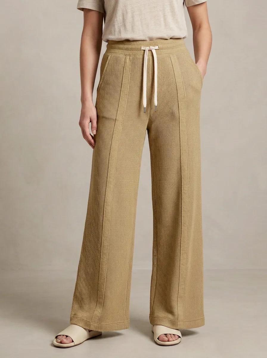 Women's Casual Lounge Waffle Knit Drawstring Wide Leg Pants