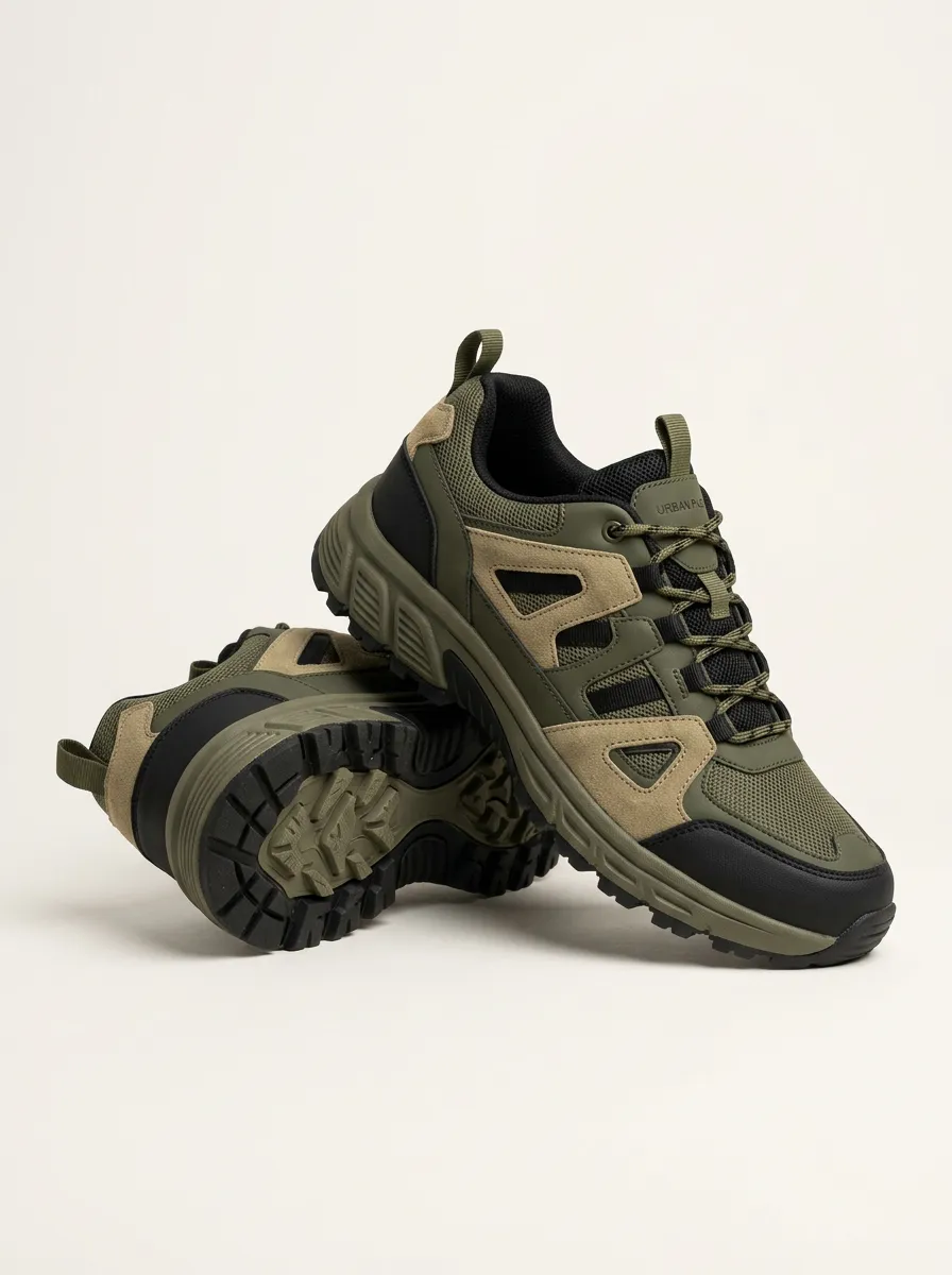Minimal Hiking-Inspired Suede-Panel Mesh-Panel Casual Sneakers