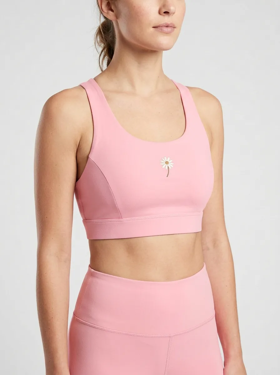 Women's Daisy-Graphic Scoop-Neck Racerback Left-Chest Wide-Strap Sports Bra