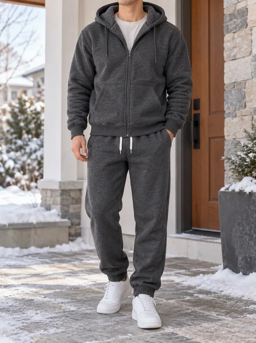 Men's Winter Fleece-Lined Zip-Up Hoodie and Pants Set with Elastic Waist and Sherpa Lining