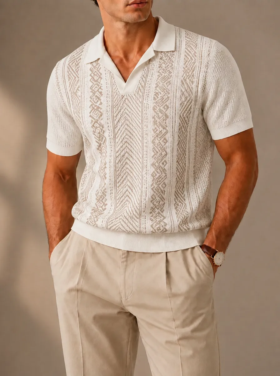 Men's Geometric Pattern Textured Knit Printed Polo Shirt