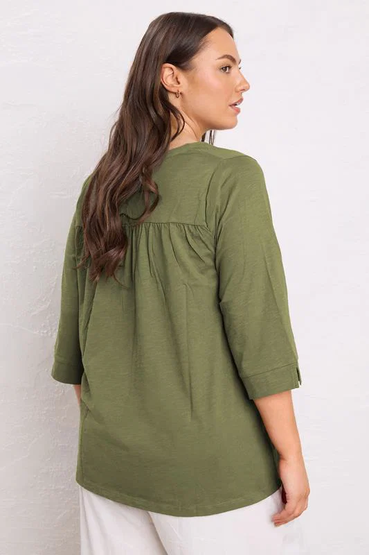 Khaki Green Pleat Front Henley Top detail 2