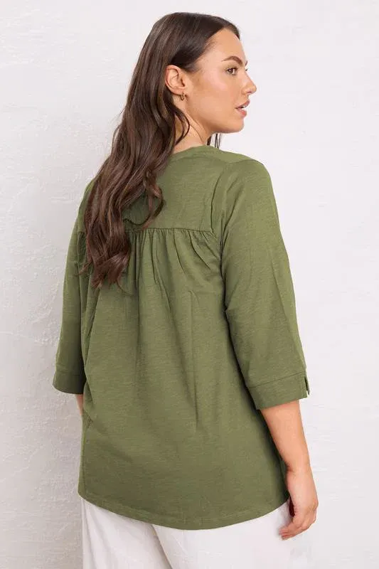 Khaki Green Pleat Front Henley Top