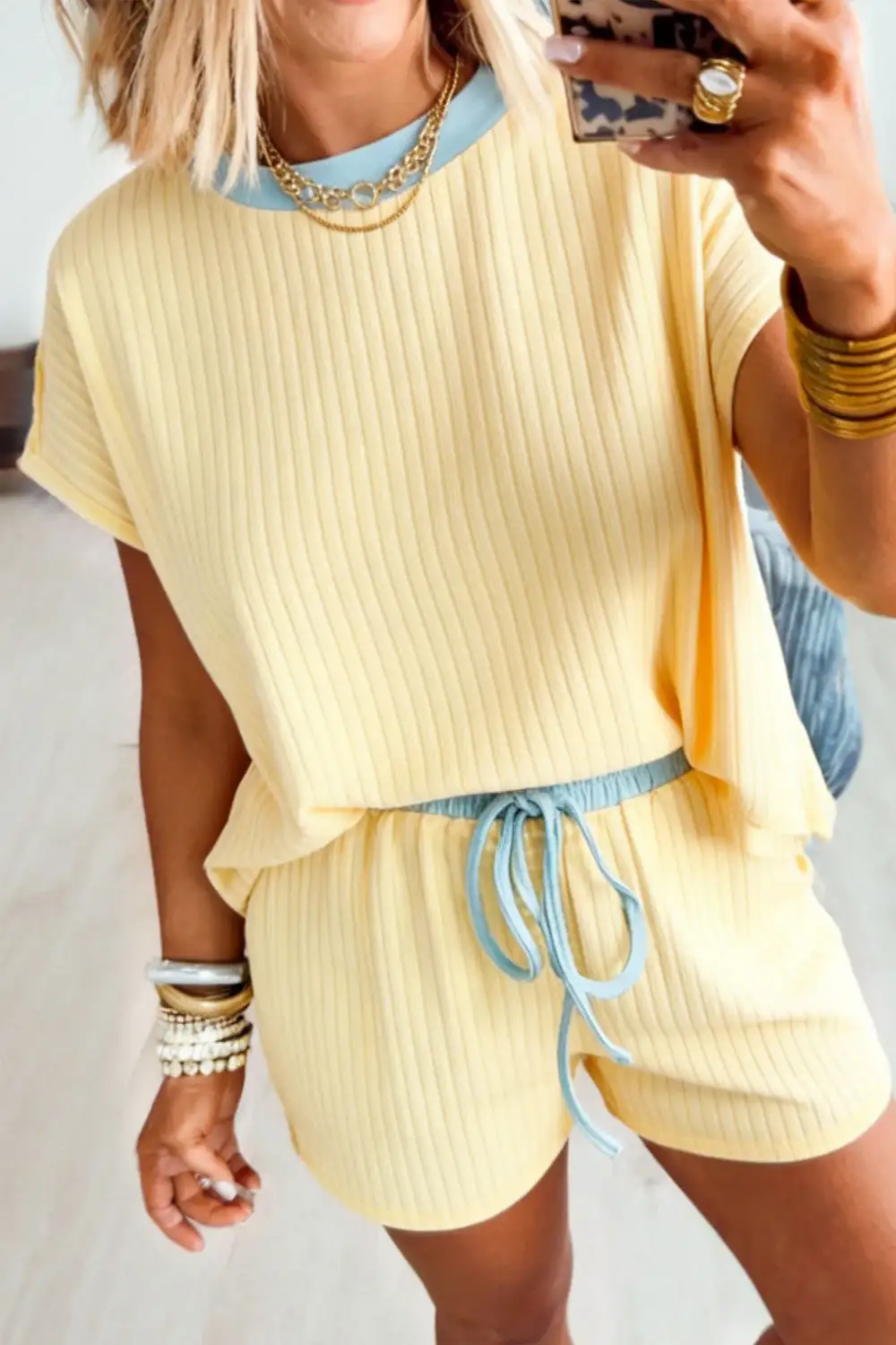 Drawstring Soft Ribbed Trim Casual Two Piece Set