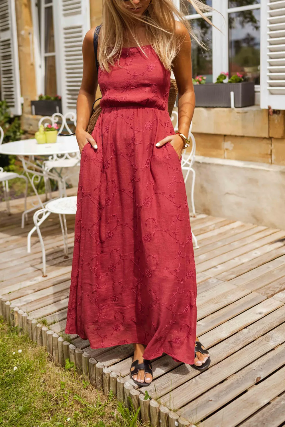 Embroidered Strappy Maxi Dress