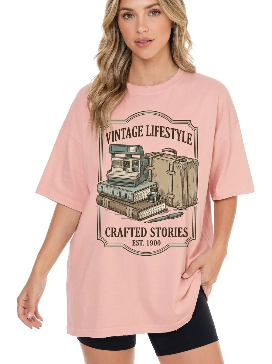 Women's Vintage Lifestyle Camera Books Suitcase Graphic T-Shirt