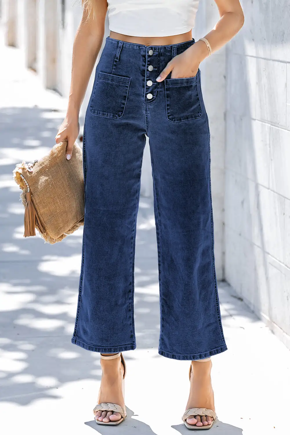 Women's High Waist Button Front Wide Leg Cropped Jeans