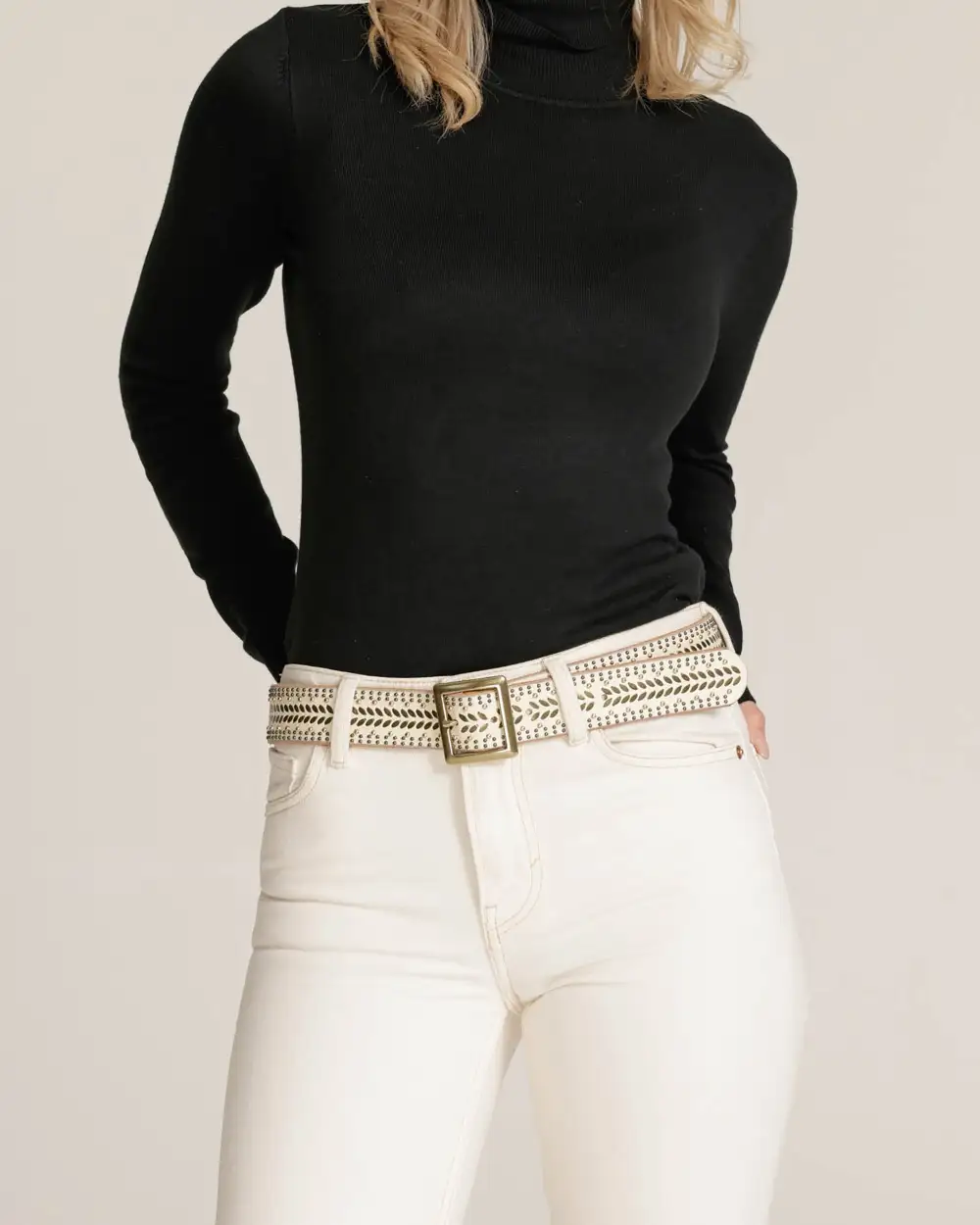 Studded Leather Waist Belt With Square Buckle