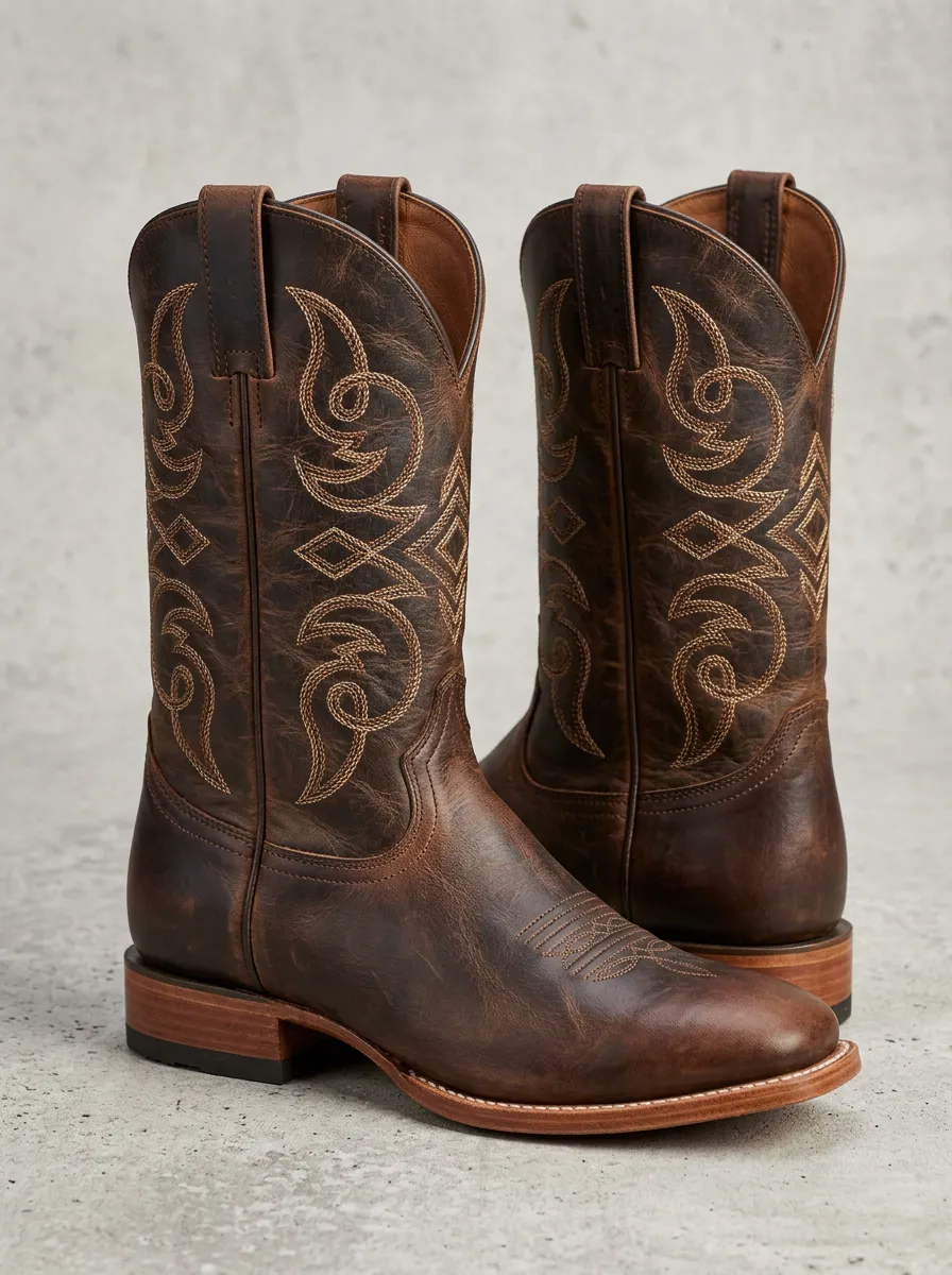 Rustic Embroidered Leather-Look Pattern Men's Western Cowboy Boots