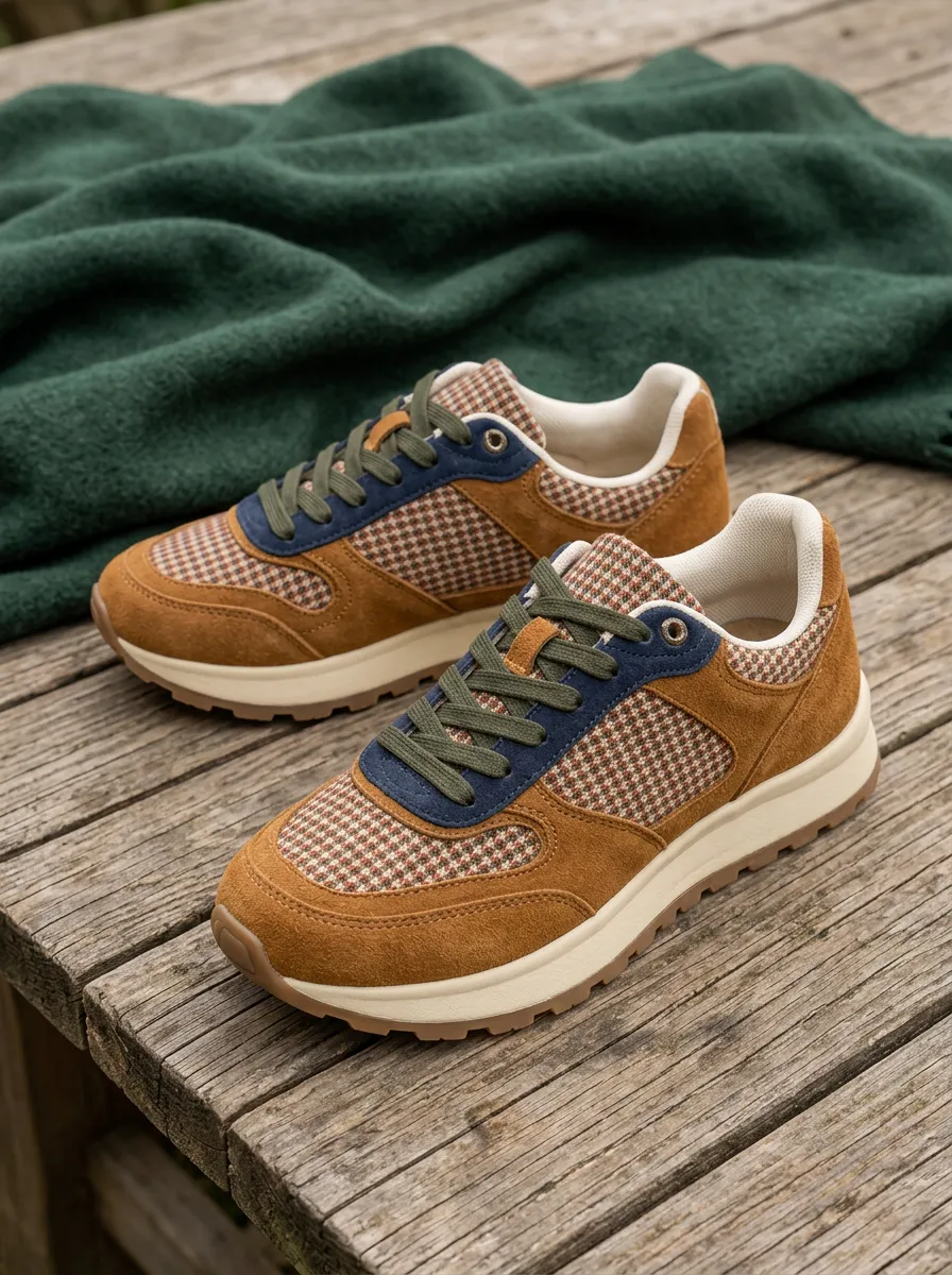 Women's Vintage Style Brown Plaid Suede Printed Sneakers