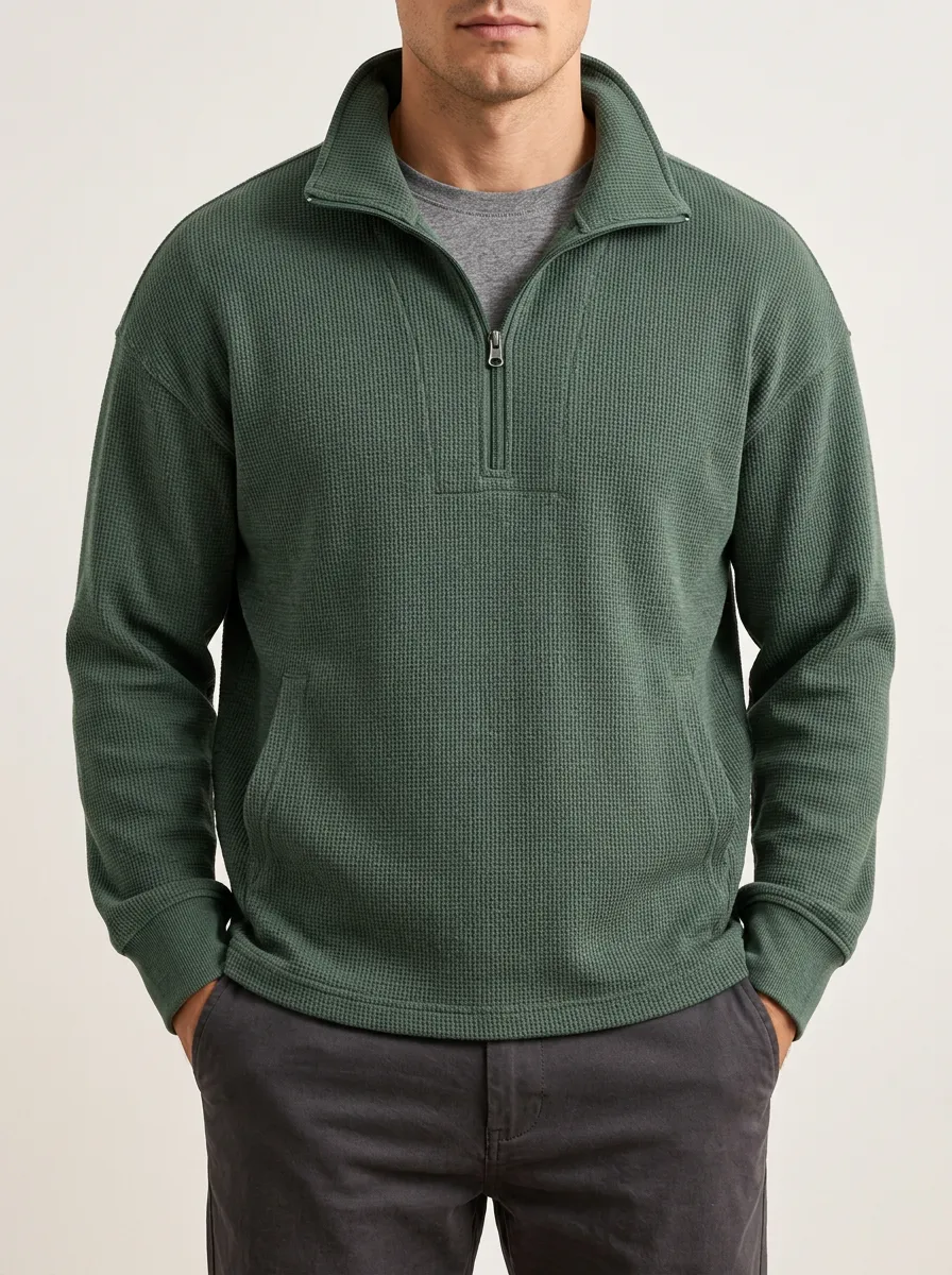 Waffle Knit Quarter-Zip Sweatshirt for Easygoing Layers