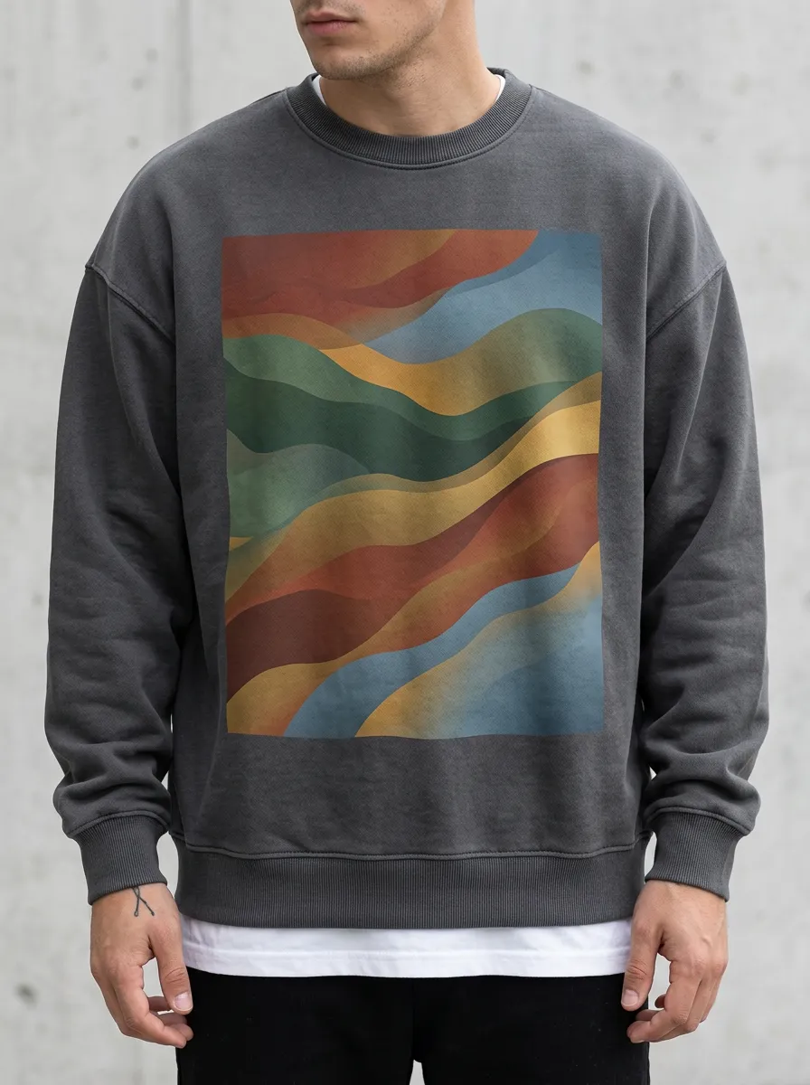 Men's Abstract Landscape Wave Printed Crewneck Sweatshirt