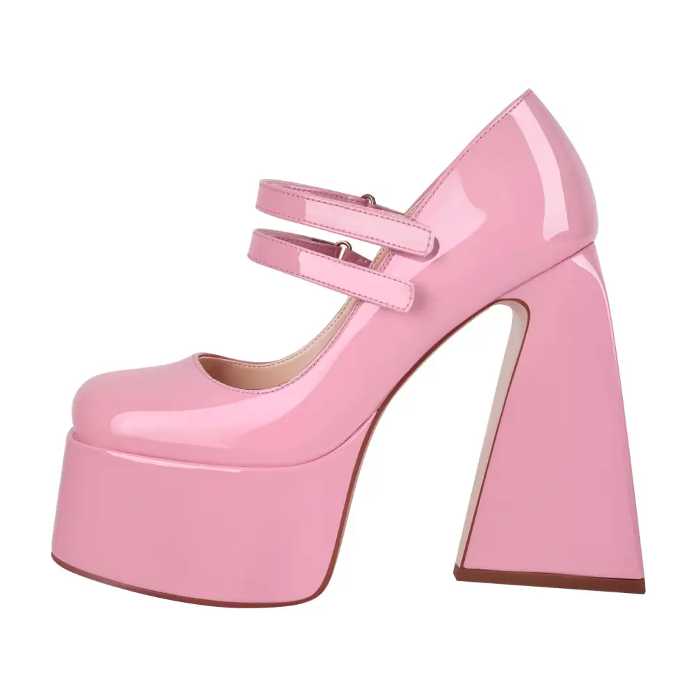 Modern Patent Finish Square Toe Platform Chunky Heel Pumps