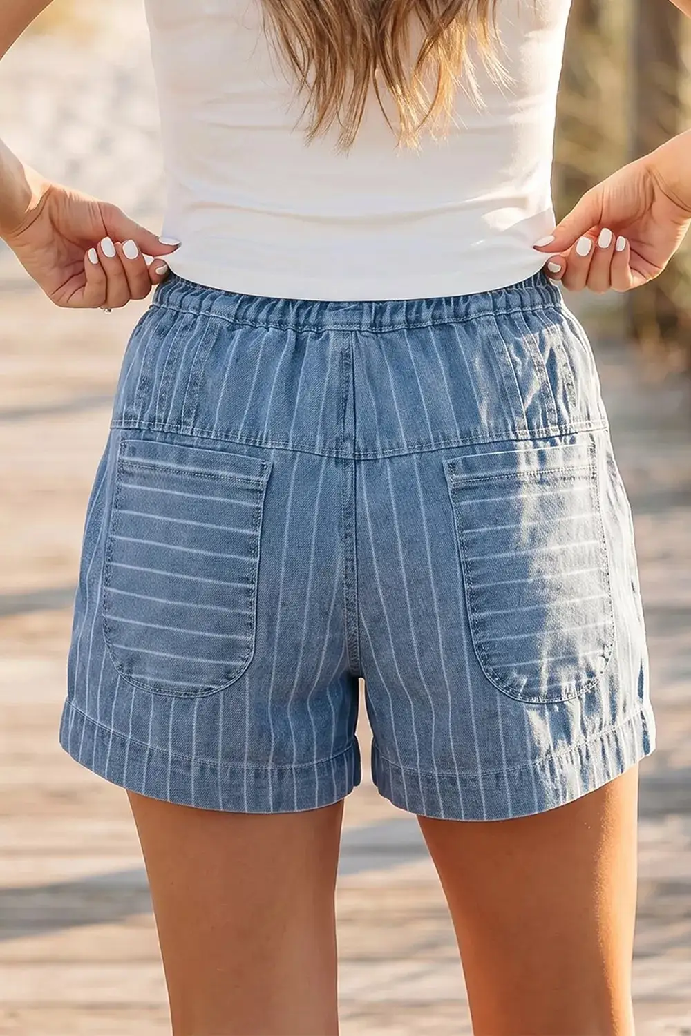 High-Waist Drawstring Cotton Striped Denim Shorts