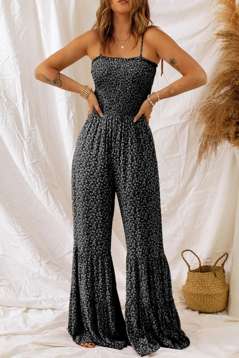 Thin Straps Smocked Bodice Wide Leg Accessory