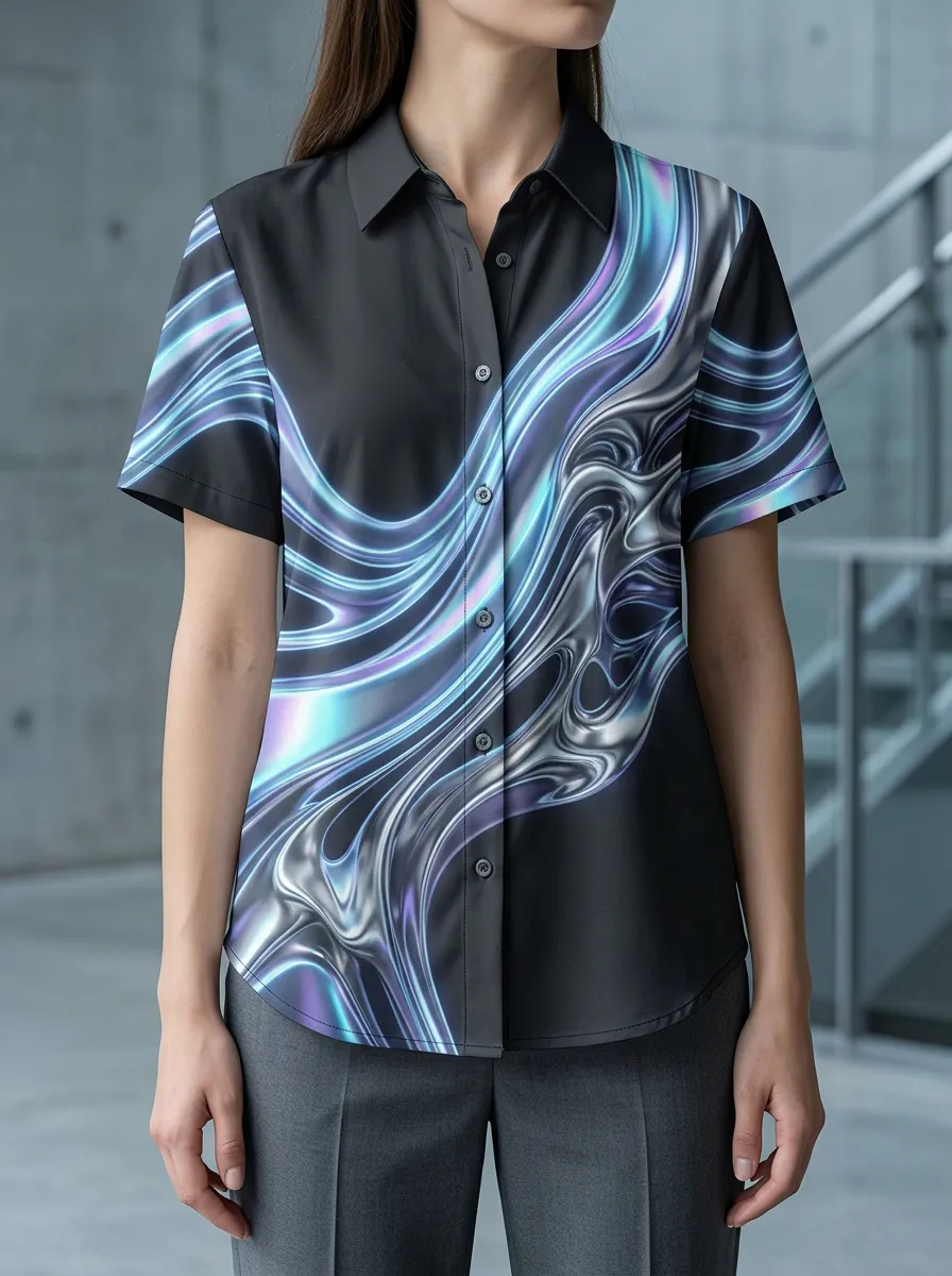 Women's Abstract Liquid Metal Holographic Printed Shirt