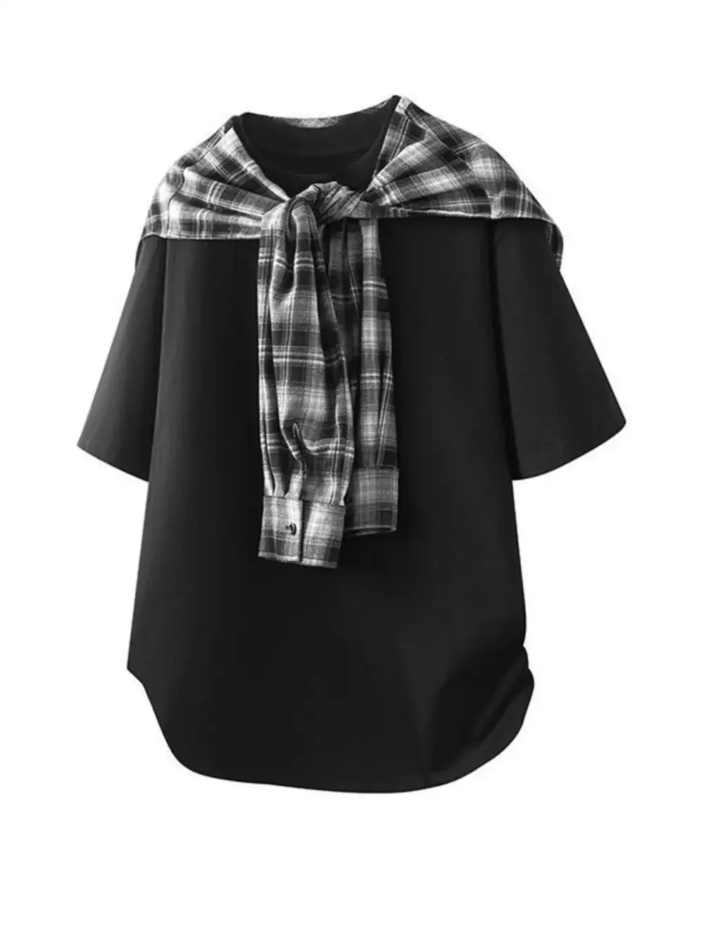 Layered-Look Plaid-Detail T-Shirt