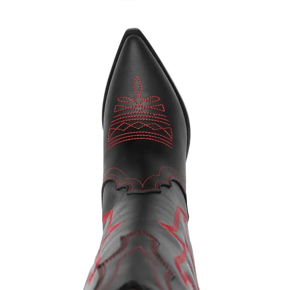 Faux-Leather Embroidered Pointed-Toe Chunky-Heel Mid-Calf Boots