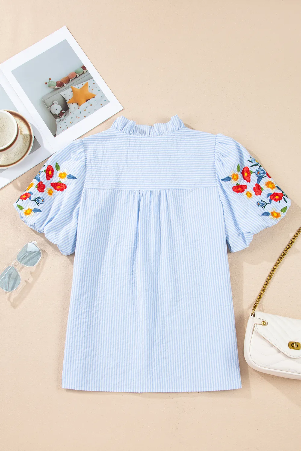 Sky Blue Stripe Floral Embroidered Shirt