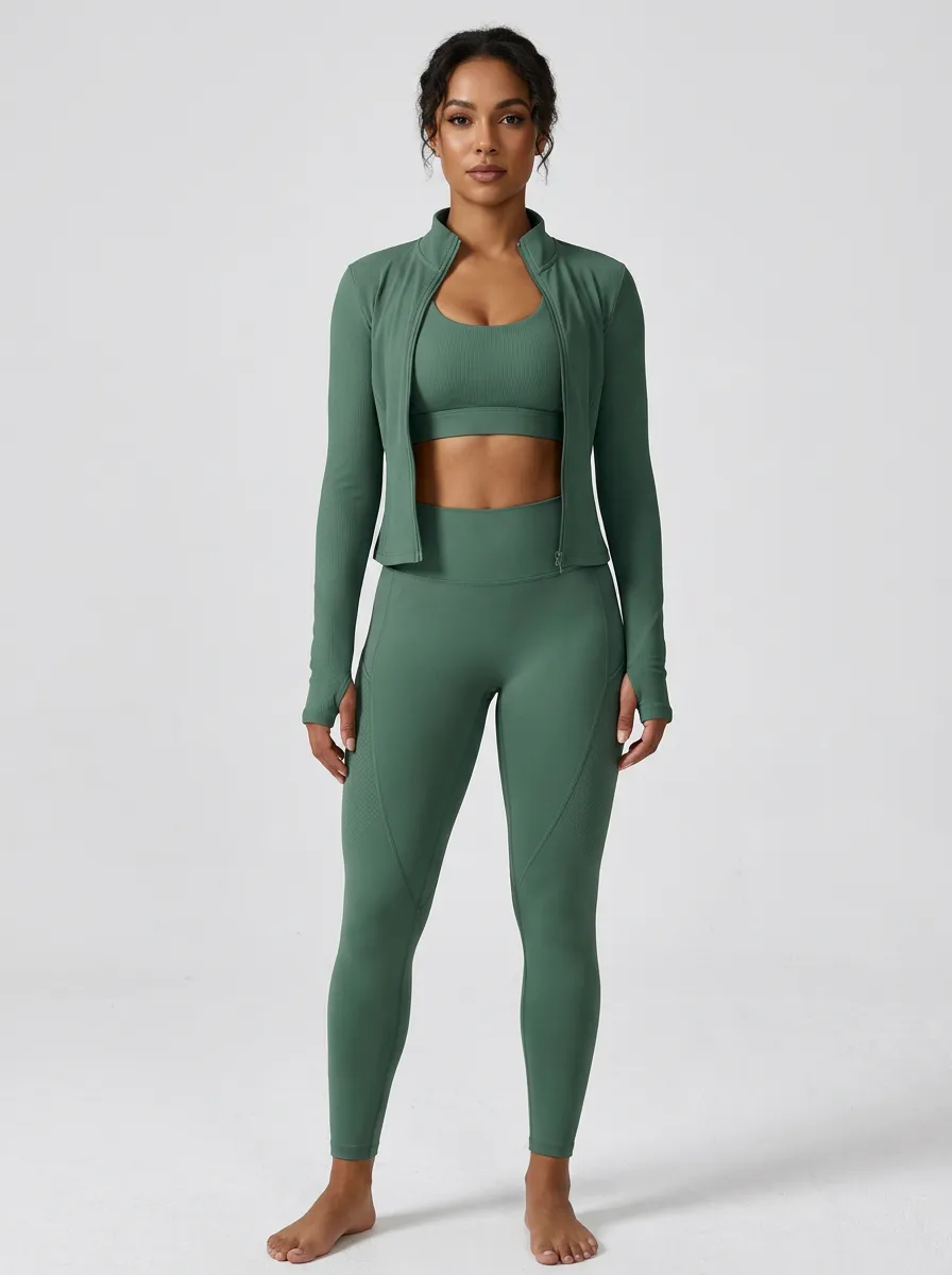 Athletic Ribbed Texture Style Women's Three Piece Activewear Set