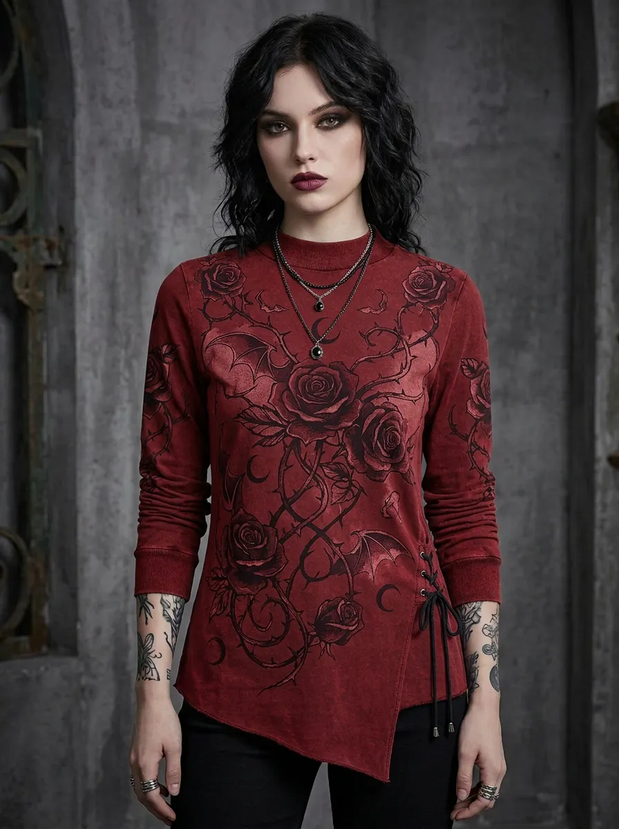 Underground Bat Rose Moon Silhouette Women's Gothic T-Shirt