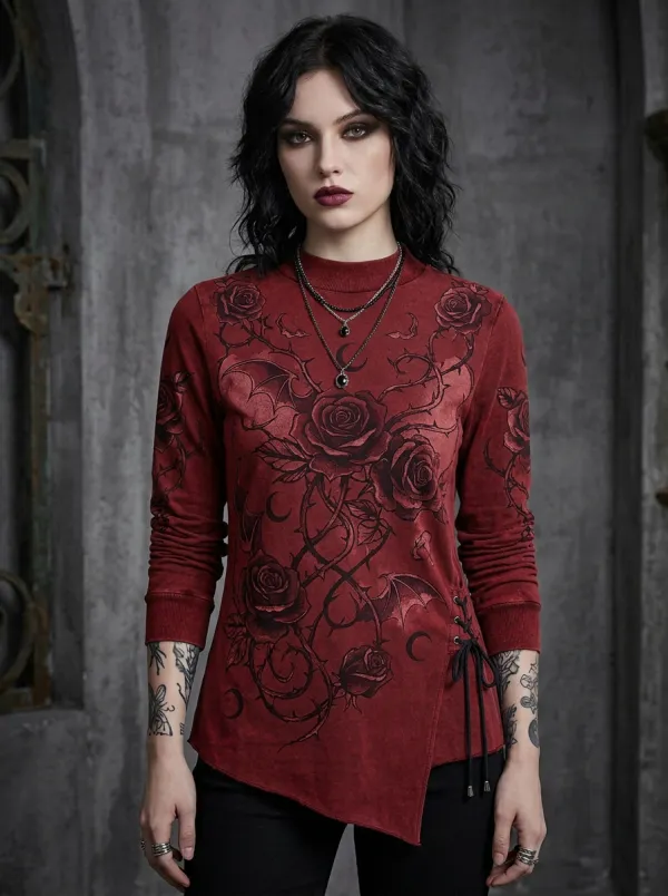 Underground Bat Rose Moon Silhouette Women's Gothic T-Shirt
