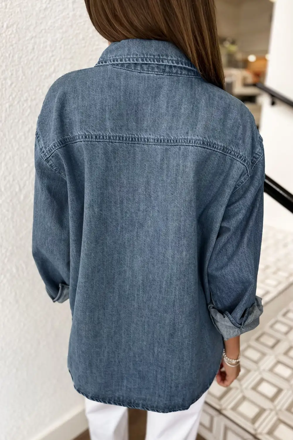 Women's Colorblock Denim Button Front Blouse