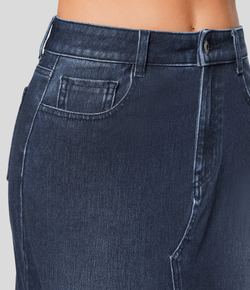 Magic Mid Rise Button Zipper Multiple Pockets Split A Line Stretchy Knit Denim Maxi Casual Skirt