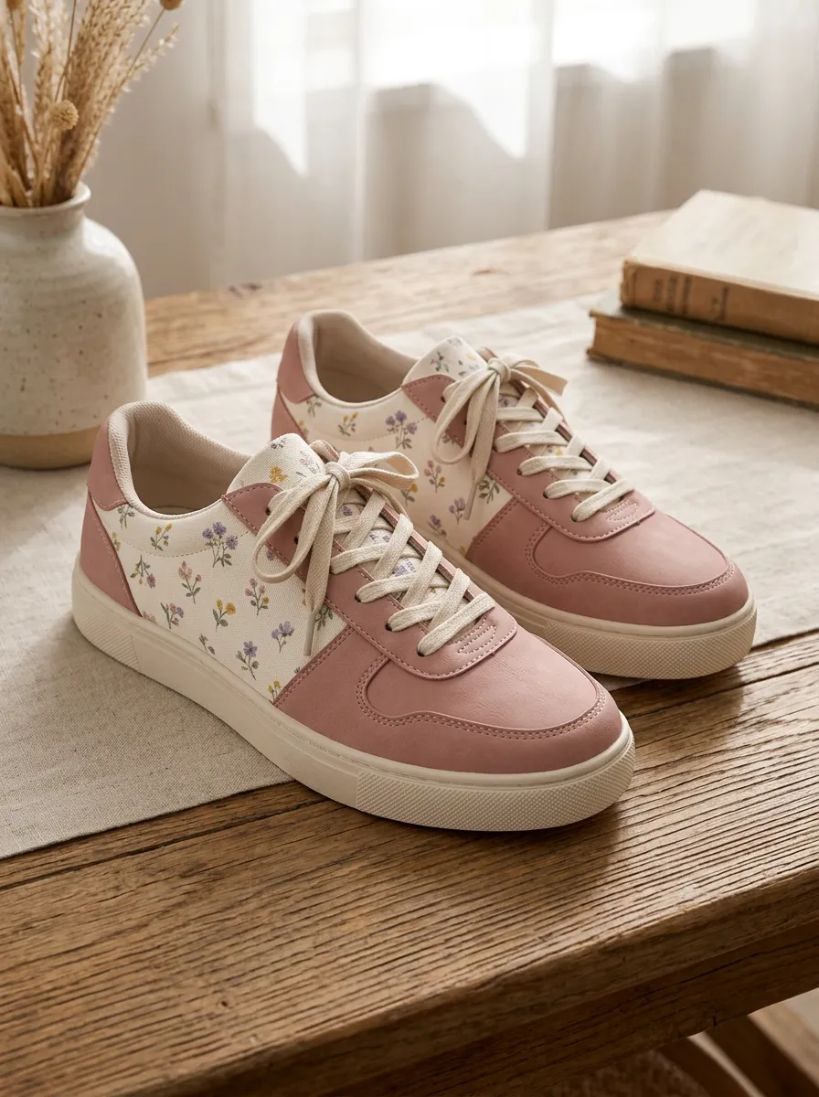 Women's Floral Pattern Pink Aesthetic Printed Sneakers